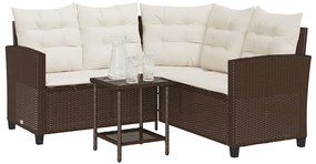 Sofá de jardim forma de L c/ mesa e almofadões vime PE castanho