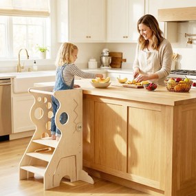 Banco de cozinha infantil 72 x 59 x 90,5 cm Torre de aprendizagem 2 em 1 com barras de segurança e 2 degraus para crianças +3 anos Natural