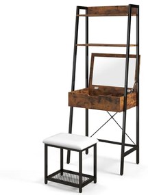 Toucador maquiagem em formato de escada com cadeiras de painel duplo, compartimentos ocultos e banco acolchoado Preto + Castanho Rústico