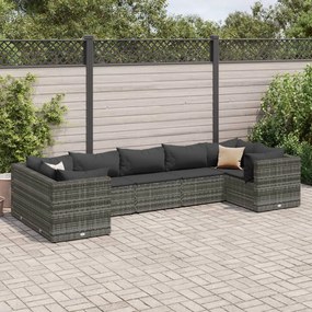 7 pcs conjunto lounge de jardim c/ almofadões vime PE cinzento