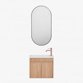 Conjunto De Móvel De Casa De Banho Suspenso Em Madeira Com Lavatório Integrado Narek Castanho Fresno & Ovale Led E Antifog Preto 50x100 Cm - Sklum