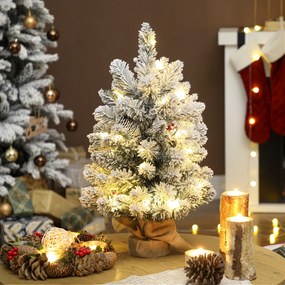 Mini Árvore de Natal Artificial com 35 Luzes LED 60 cm com 72 Ramos com Neve Pinhas Bagas e Base de Saco de Juta Ø37x60 cm Verde