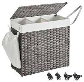 SONGMICS Cesto de roupa suja, cesto de roupa suja tecido à mão, cesto de roupa estilo rattan de 140 L com 3 compartimentos, forro removível, alças, tampa, sala de estar, banheiro, 66 x 33 x 60 cm, cinza LCB363G01