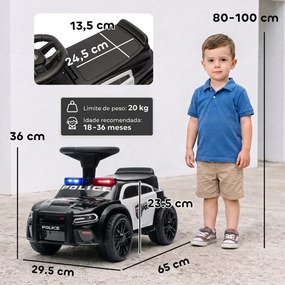 Carro Andador de Polícia para Crianças 18-36 Meses com Luz, Música e Arrumação 65x29,5x36 cm Preto