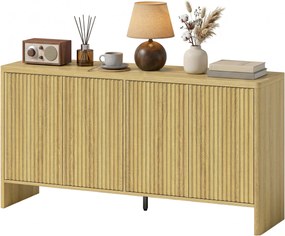 Aparador de sala, móvel de arrumação 147 x 40 x 77 cm com 4 portas ranhuradas, prateleira ajustável, abertura por pressão, cor carvalho