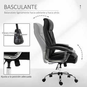 Vinsetto Cadeira de Escritório Ergonômica Cadeira de Escritório Giratória e Basculante com Altura Ajustável Encosto Alto e Apoio para a cabeça Acolchoado Pele Sintética 66x69x113-121cm Preto