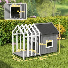 Casota com Compartimento aberto exterior para cães em madeira com terraço e porta de ripas, 106 x 62,5 x 80,5 cm, cinzenta