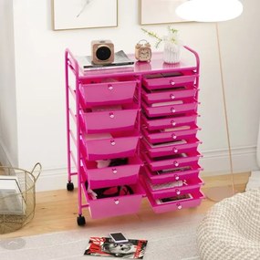 Carrinho de armazenamento multifuncional 63x37x87 cm com 15 gavetas coloridas, estrutura metálica e rodas bloqueáveis para casa e escritório, rosa