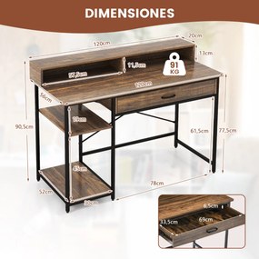 Secretária de computador com suporte para monitor Mesa de estudo com gaveta 2 Estantes abertas para escritório em casa 120 x 56 x 90,5 cm Castanho