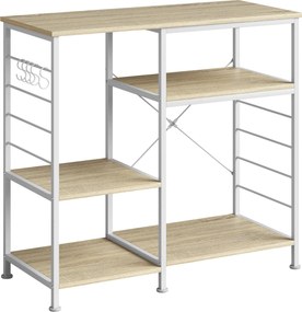 HOMCOM Estante de Cozinha com Prateleiras em Madeira e Metal com 5 Ganchos, Salva Espaço, 90x39x83.5 cm, Carvalho | Aosom Portugal