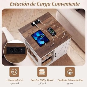 Mesa apoio, mesa cabeçeira Rústica 60 x 60 x 61 cm com Estação de Carregamento, com Porta Deslizante para Quarto e Sala Branco + Natural