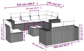 9 pcs conjunto sofás p/ jardim c/ almofadões vime PE castanho