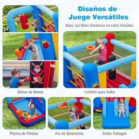 Castelo insuflável com Soprador de 550 W com sacos de boxe, piscina de bolas, cesto de basquetebol e escorregas duplos para crianças dos 3 aos 12 anos