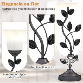 Candeeiro de mesa para mesa de cabeceira Candeeiro vintage para mesa de cabeceira com abajur de vidro em forma de tulipa e folhas de metal preto