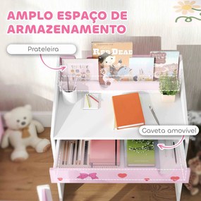Conjunto de Secretária e Cadeira para Crianças com Gaveta Amovível e Compartimento para Dormitório Sala de Jogos Rosa e Branco