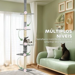 Arranhador para Gatos do Chão ao Teto 225-275 cm Torre para Gatos com Múltiplas Plataformas Sistema Anti-Tombo Cinza