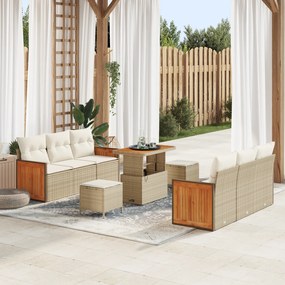 Conjunto de Sofá de Jardim vidaXL 9 Peças com Almofadas Bege Vime Polipropileno Acácia