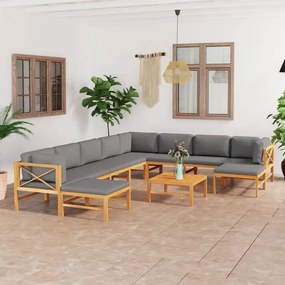 vidaXL 11 pcs conj. lounge jardim c/ almofadões cinzentos teca maciça