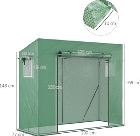 Estufa de jardim com proteção UV, 2 janelas com redes mosquiteiras + barras de reforço, 200 x 77 x 169 cm, aço com revestimento PE verde