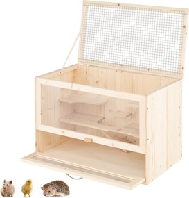 Gaiola de madeira para hamsters com tampa de malha rebatível, várias áreas para escalar, rampa, painel acrílico, porta com fechadura castanha