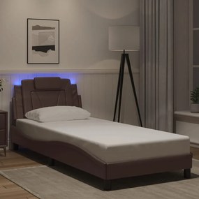 Estrutura cama c/ luzes LED 90x200 cm couro artificial castanho