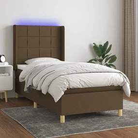 Cama box spring c/ colchão/LED 90x200 cm tecido castanho-escuro