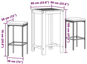 3 pcs conjunto de bar p/ jardim acácia maciça/vime PE castanho