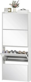 Sapateira Estreita com Espelho 4 Portas Abatíveis para 12 Pares de Sapatos para Espaços Reduzidos 63x17x146 cm Branco