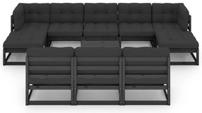11 pcs conj. lounge de jardim c/ almofadões pinho maciço preto