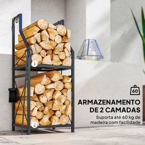 Suporte Metálico para Lenha 2 Níveis com 4 Ferramentas Ganchos e Base Elevada para Interior e Exterior 34x30x80 cm Preto