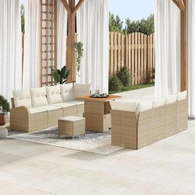 vidaXL Conjunto de Sofá de Jardim de 11 Peças com Almofadas Bege Rattan Poliéster Acácia
