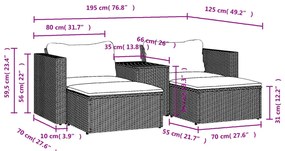5 pcs conjunto sofás de jardim c/ almofadões acácia e vime PE
