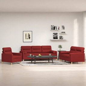 vidaXL 3 pcs conjunto de sofás c/ almofadões tecido vermelho tinto