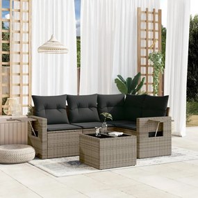 5 pcs conjunto sofás de jardim c/ almofadões vime PE cinzento