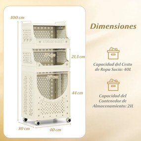 Carrinho para roupa suja 40 x 30 x 100 cm com 4 níveis com Cesto dobrável com 2 cestos 6 ganchos para pendurar com rodas bege