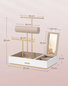 Suporte para joias com espelho 17 x 27 x 29 cm – ideia para presente, dourado e branco