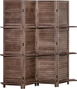 Biombo Dobrável de 4 Painéis de Madeira 162x170 cm Divisória de Ambiente com 3 Prateleiras Nogueira