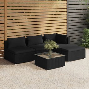 5 pcs conjunto lounge de jardim c/ almofadões vime PE preto