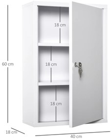 kleankin Armário Farmácia de Parede de Armário para Medicamentos de Metal com 3 Prateleiras de Armazenamento e Fechadura com 2 Chaves para Casa de Banho Cozinha 40x18x60cm Branco