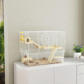 Gaiola para hamsters de 3 níveis, gaiola para roedores com roda de exercício, tabuleiro transparente e fundo, 59 x 35,5 x 47 cm, branca