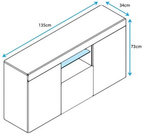 Aparador Elma de 135 cm com Luz LED - Branco e Preto Brilhante - Desig