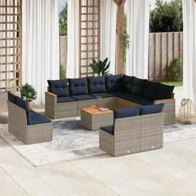 vidaXL 12 pcs conjunto sofás p/ jardim c/ almofadões vime PE cinzento