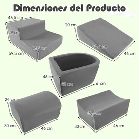 Conjunto de 5 peças para escalada e rampa para crianças Blocos de construção em esponja com piscina de bolas Cobertura lavável Criativa Cinzento