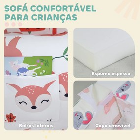 Sofá para Crianças com Estampa de Raposas com Capa Removível e Lavável Bolso Lateral Apoio de Braços 54x40x43 cm Branco