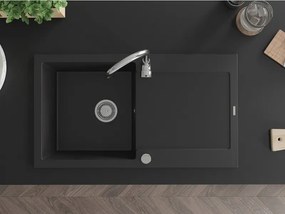Mexen Leo lava-louça de granito com 1 cuba e escorredor 900 x 500 mm, preto, sifão cromado - 6501901010-77