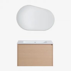 Conjunto De Móveis De Banheiro Em Madeira Jacob Com Pia Integrada Madeira Natural & Oval Led E Anti-embaciamento 100x80 Cm Meunier & - Sklum