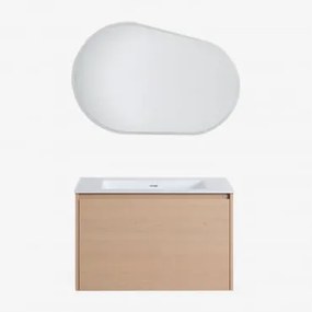 Conjunto De Móvel De Casa De Banho Suspenso 80x50 Cm Em Madeira Com Lavatório Integrado Jacob Madeira Natural & Oval Led E - Sklum