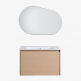 Conjunto De Móvel De Casa De Banho Suspenso Em Madeira Com Lavatório Integrado Jacob Madeira Natural & Oval Led E Anti-embaciamento 100x80 Cm - Sklum