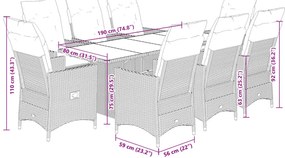 9 pcs conjunto de jantar p/ jardim c/ almofadões vime PE cinza