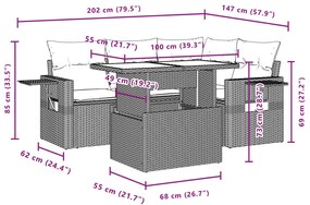 5 pcs conjunto sofás de jardim c/ almofadões vime PE cinzento